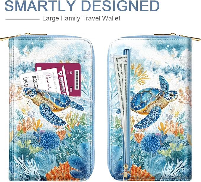 Family Passport Holder Wallet RFID Blocking Document Organizer PU Leather Mulit-purpose Travel Wallet Credit Cards Case for Women Men, Turtle