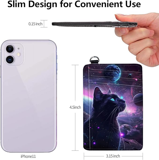 Slim RFID Blocking Card Holder Wallet with Wrist Strap - Minimalist Front Pocket Wallet, Galaxy Cat Design, PU Leathe, for Men & Women, Ideal for Travel & Gifts