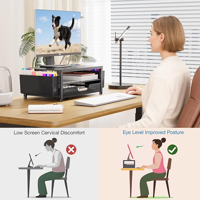 OPNICE Desk Organizer and Accessories, 2-Tier Computer Monitor Stand Riser with Drawer and 2 Pen Holders, Laptop Stand, Office Desk Accessories for Office Supplies, Black 2-Pack