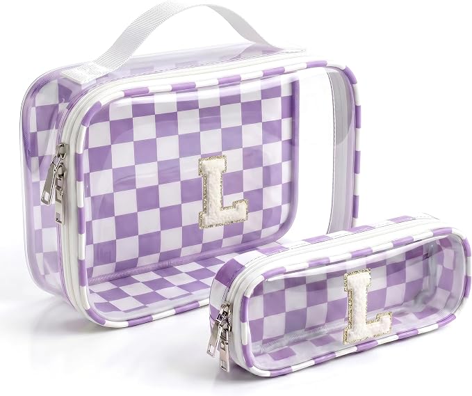 LETGO Skincare for Girls 10-12 Personalized Initial Makeup Bag丨Cosmetic Bag丨Travel Toiletry Bag丨Birthday Gifts for Women Her Bridesmaid Friend Wife Girlfriend Daughter Teacher Gifts(L,Purple&Beige)