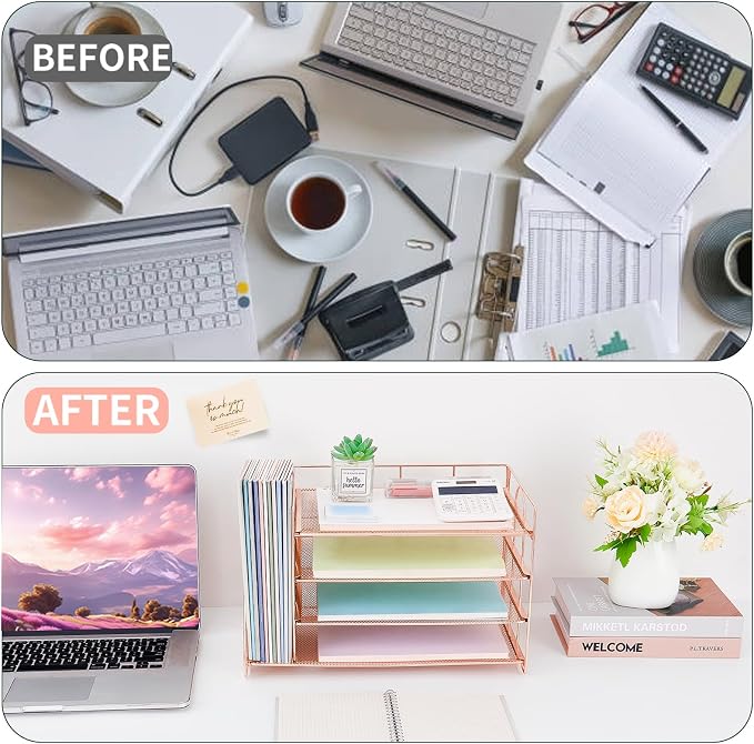 OPNICE Desk Organizer, 5-Tier Paper Organizer Letter Tray with Magazine Holder, Office Desk Accessories & Workspace Organizers, Desktop File Organizer for Office Supplies Storage, Rose Gold