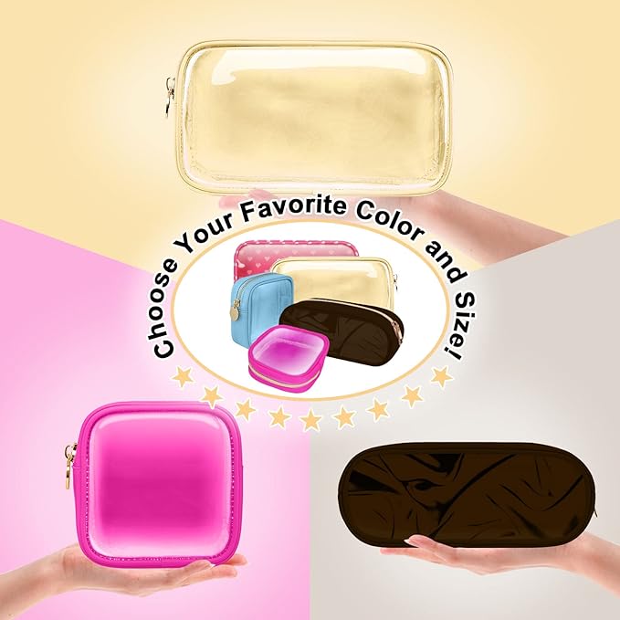 Nylon Small Clear Makeup Bag Slim Pencil Pouch, Cute Makeup Bag Preppy Cosmetic Zipper Pouch Pencil Case for Purse, Travel PVC Toiletry Bag Clutch Coin Pouch Makeup Brush Bag for Women Girls(Beige)