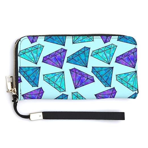 Unisex Zip Around Wallet for Adults Teens Cartoon Diamonds Background Blue Coin Pouch Cash Pocket PU Leather Wallets Card Holder Organizer Designer Purse with Wristlet Strap