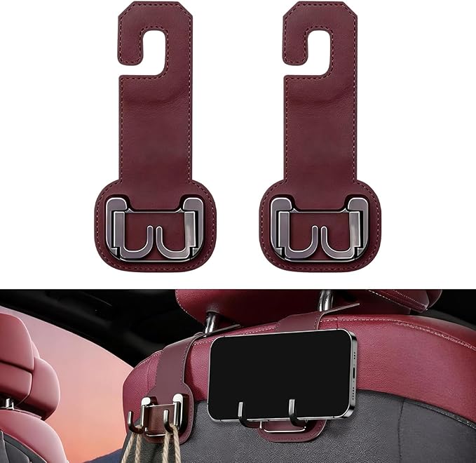 2 Packs Headrest Hooks for Car, Hidden Twinhook Leather & Metal Car Purse Holders, Universal Seat Back Storage Organizer Hanger for Purse Bag Handbags Phones, 2026 Car Seat Accessories (Red)