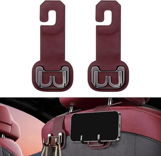 2 Packs Headrest Hooks for Car, Hidden Twinhook Leather & Metal Car Purse Holders, Universal Seat Back Storage Organizer Hanger for Purse Bag Handbags Phones, 2026 Car Seat Accessories (Red)