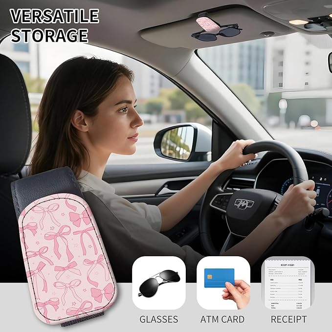 Sunglasses Holder for Car Visor, PU Leather Glasses Clip Organizer, Cute Magnetic Eyeglass Holder for Vehicle Sun Visor, Car Interior Accessory for Women & Men Pink Ribbon Pattern