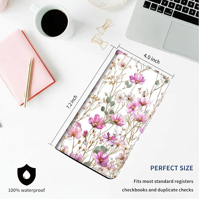 DEGDFSGR Checkbook Cover PU Leather Checkbook Covers for Women for Duplicate Checks, Check Book Covers with RFID Blocking Function for Personal Checkbook, Watercolor Cosmos Flower