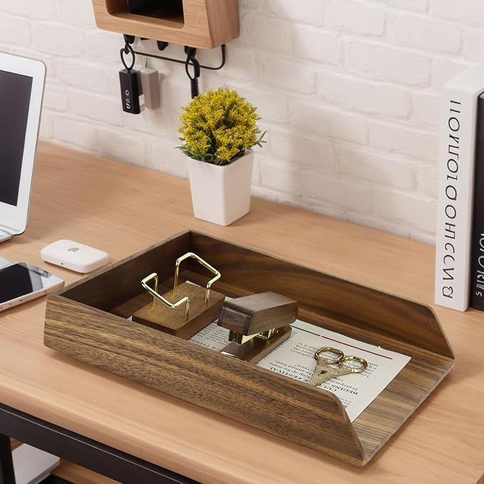 Buqoo Walnut Wood Desk Organizer Letter Tray | 12.9x10.1x2.2in, Rectangular, Serving & Storage Tray, Office/Home