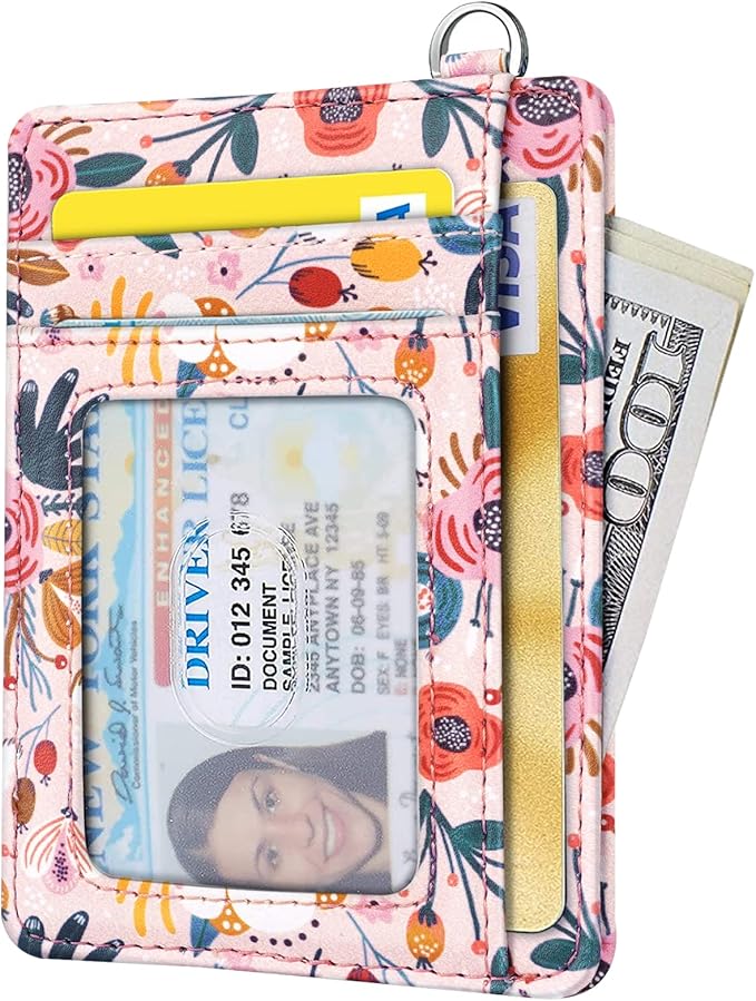 Coco Rossi Slim Front Pocket Wallet RFID ID Card Holder Cute Small Wallet with Keychian for Women, Pink Flowers
