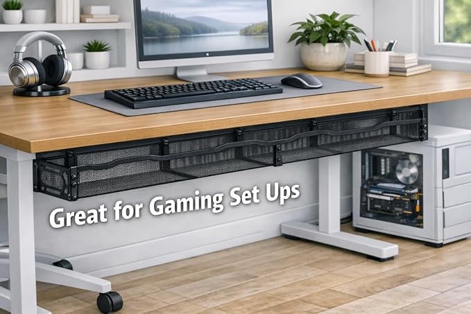 Under Desk Cable Management Tray – 25” Metal Cable Organizer with Clamp Mount, No Drill Wire Management Rack for Office & Home Desk (Black)