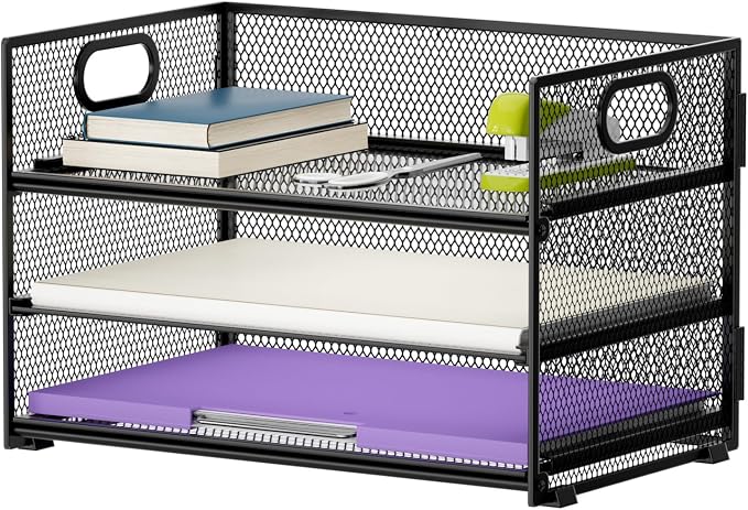 Marbrasse 3 Tier Paper Organizer Letter Tray, Mesh File Organizer with Handle, Paper Sorter Desk Organizer for Home Office Supplies