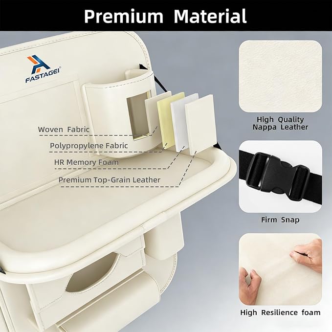 2 Pack Universal Premium Leather Foldable Car Backseat Organizer with Table Tray, Car Seat Back Protector with Garbage Bag Touch Screen Pad Holder, Car Kick Mats with Tissue Box (Beige)