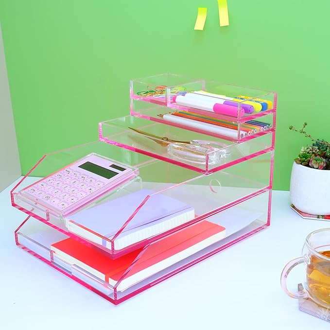 (2pcs Pack) Stackable Pink Acrylic Paper Trays, Desk File Organizer, A4 Paper Holder, Letter Tray
