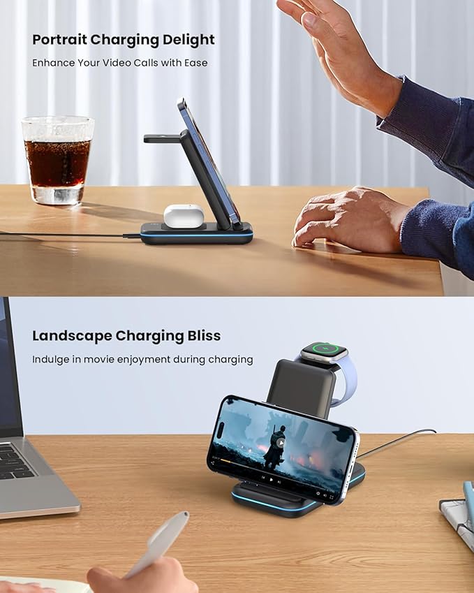 GEEKERA 3 in 1 Wireless Charging Station, Foldable Wireless Charger Stand for Multiple Apple Devices for iPhone 17 16-8, Apple Watch Ultra//11/10/9/SE/8/7/6/5, AirPods Pro/4/3/2
