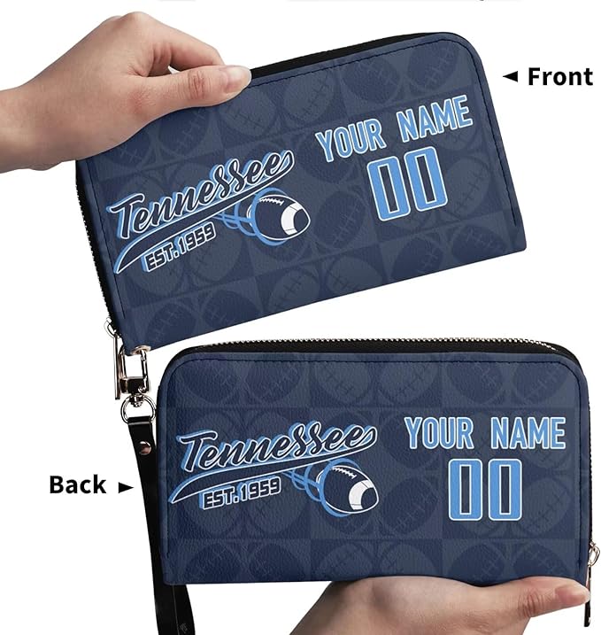 Custom Sports Team Zip Organizer Wallet-Personalized PU Leather Wallet with Name Number,Multi-Card Slots,Wrist Strap,Fan Gift for Men Women.