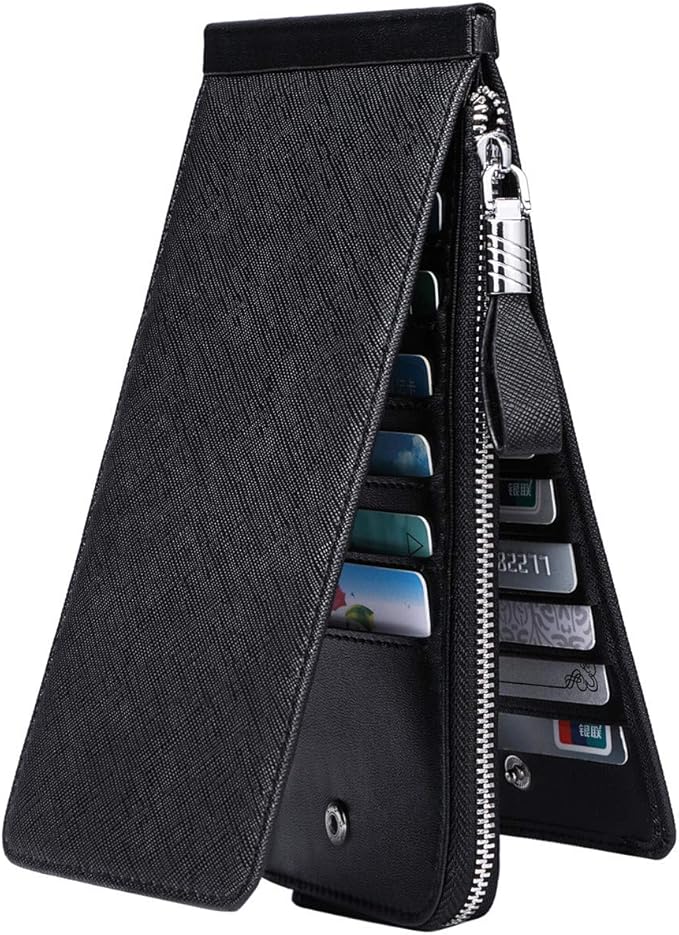 Women's Genuine Leather Credit Card Holder RFID Long Zipper Purse Wallet