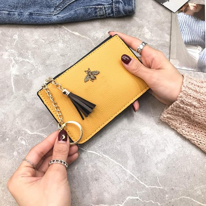 Coin Purse Change Wallet Pouch Leather Card Holder with Key Chain Tassel Zip(Yellow)