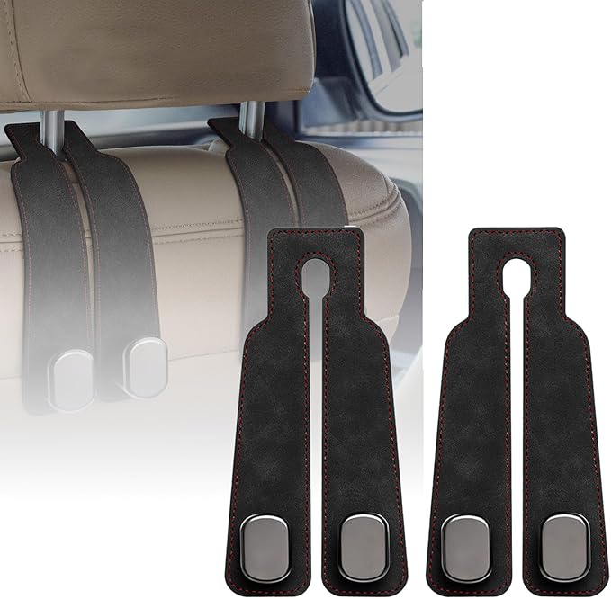 Leather Car Headrest Hooks, 2-in-1 Car Seat Back Purse Hooks with Double Metal Hangers, Universal Car Storage Holder for Bags, Handbags, Phones & Groceries(2PCS, Black)