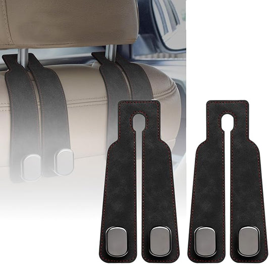 Leather Car Headrest Hooks, 2-in-1 Car Seat Back Purse Hooks with Double Metal Hangers, Universal Car Storage Holder for Bags, Handbags, Phones & Groceries(2PCS, Black)
