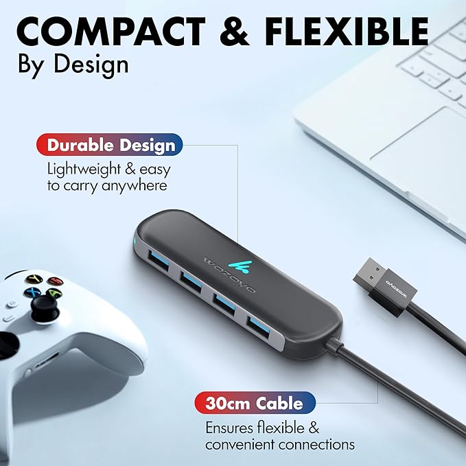 USB A to 4 Port Wozoyo USB 3.2 Hub, 4X USB 5Gbps, Data Transfer Speed Upto 5Gbps and 30cm Cable, Multiport USB Splitter for Laptop and Desktop, Plug and Play, Compact and Portable USB Expansion Hub