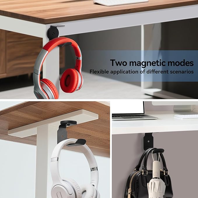 Magnetic Headphone Holder, Large Headset Hooks, Aluminum Headphone Hanger for Desk & Table, Headphone Mount Stand with Rubber Pad, Compatible with All Computer/Gaming Headsets (Black)
