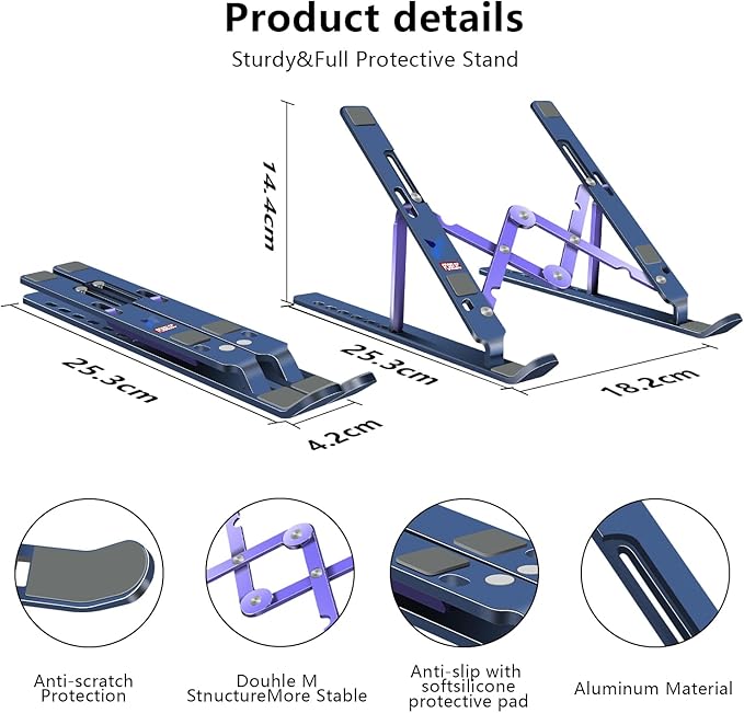 Laptop Stand, Computer Tablet Stand, Adjustable Aluminum Foldable Portable Laptop Holder Riser, Compatible with MacBook Air Pro, Lenovo, HP, Dell, More 10-15.6??Laptops and Tablets (Blue)