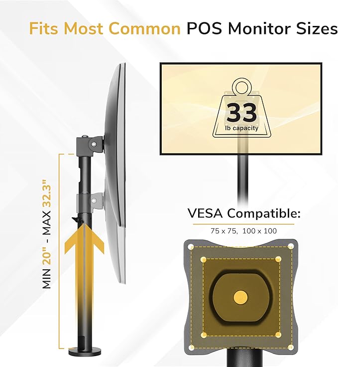 Mount-It! POS Monitor Mount for Retail Checkout & Reception Counters - Extra Tall Height Adjustable Pole with Secure Bolt-Down Base, VESA 75x75 & 100x100 Compatible - Fits 13??2??Monitors, 33 lbs