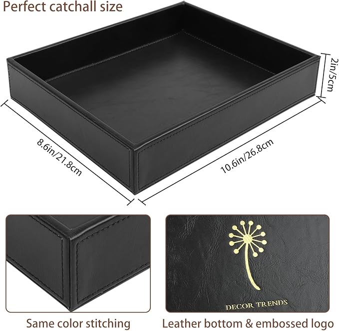 Leather Valet Organizer for Men – Black Catchall for Wallet, Keys, EDC, Jewelry, and Perfume – Nightstand, Dresser, and Bathroom Vanity Storage