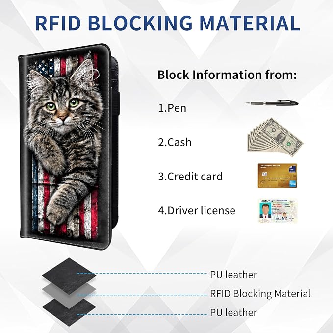 DEGDFSGR Checkbook Cover PU Leather Checkbook Covers for Women for Duplicate Checks, Check Book Covers with RFID Blocking Function for Personal Checkbook, American Flag Cat