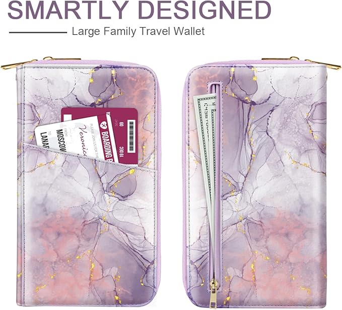 Family Passport Holder Wallet RFID Blocking Document Organizer PU Leather Mulit-purpose Travel Wallet Credit Cards Case for Women Men, Smokey Purple