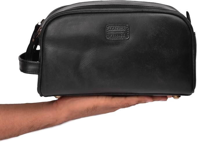 LEATHER VILLAGE Genuine Leather Toiletry Travel Bag With Waterproof Lining - Black | King-Size Handcrafted Vintage Dopp Kit Bag, Shaving & Bathroom Organizer, Gift for Men & Women