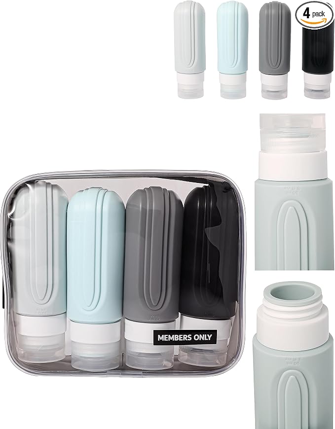 Members Only 4-Piece Leakproof Silicone Travel Bottles, Travel Size Containers Toiletry Bottles, Traveling Essentials