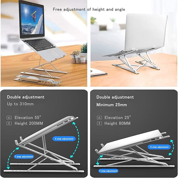 Adjustable Laptop Stand, Portable Aluminum Holder for 10-17" Laptops & Tablets, Ergonomic Riser for Desk, Lightweight Foldable Design for Home Office & Travel, Silver