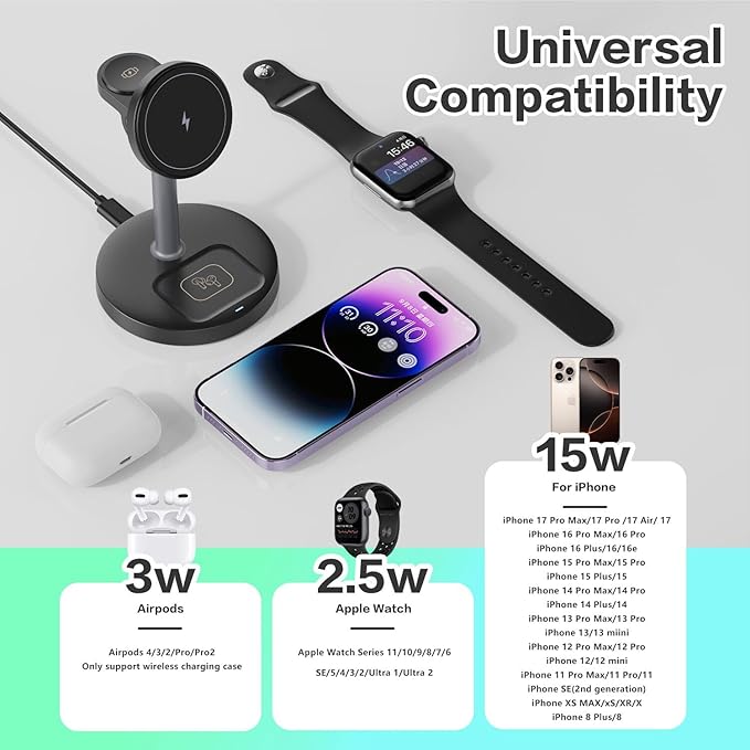 3 in 1 Wireless Charging Station Compatible with MagSafe, 15W Fast Charging Magnetic Mag-Safe Charger Stand for Apple iPhone 17 16 15 14 13 12Series Apple Watch AirPods Pro 4 3 2, Gifts for Men Women