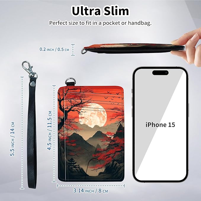 Slim Minimalist Front Pocket Wallet,Credit Card Holder Wallet for Women Men,RFID Blocking Credit Card Holder Case Leather Cute Small Thin Wallet ID Window&Wrist Strap,Red Sunset Tree