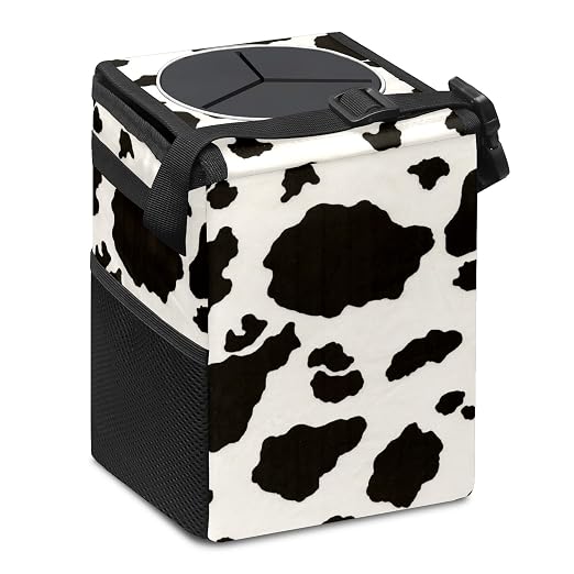 Black White Cow Print Car Trash Can with Lid Collapsible Reusable Waterproof Car Garage Bag,Automotive Garbage Can,Car Accessories Interior Car Organizer