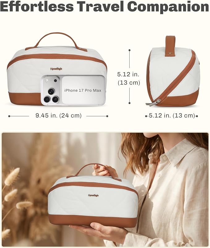 Hynes Eagle Travel Makeup Bag for Women Puffy Cosmetic Organizer Pouch Open Flat Toiletry Bag for Toiletries Brushes Structured Base White