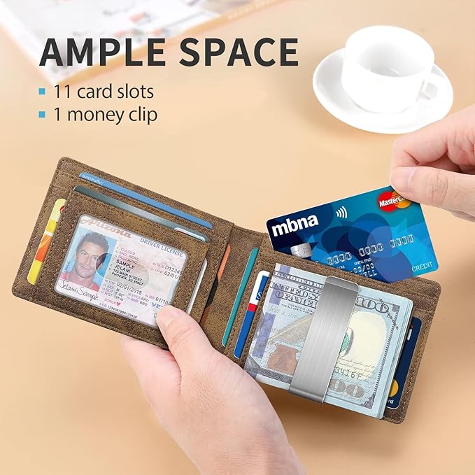 RUNBOX Slim Money Clip Wallets for Men RFID Blocking 11 Card Holder Minimalist Small Leather Bifold Men's Front Pocket Wallet Gift Box