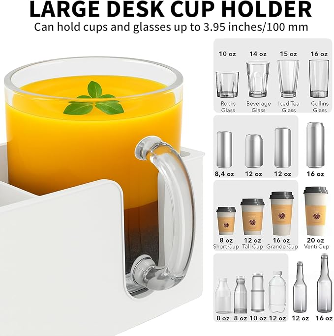 OOKUU 3-in-1 Desk Organizer - Large Desk Cup Holder Clamp, Pencil Holder and Phone Stand - Detachable Anti-Spill Table Cup Holder, Office & PC Gaming Desk Accessories for Cup, Phone and Pen (White)