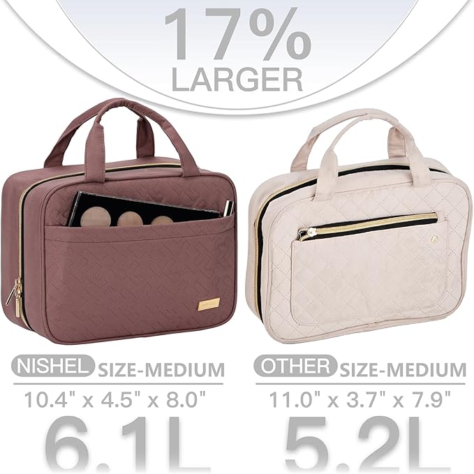 NISHEL Travel Toiletry Bag for women, Portable Hanging Organizer for Travel-Sized Shampoo, Conditioner, Brushes Set, Makeup Accessories, Medium Size, Rosewood-Pink