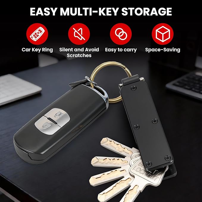 Key Organizer – Minimalist Metal Key Holder for 1-5 Keys, Compact Keychain with Clip, Noiseless & Sleek Design for Men and Women (Black)