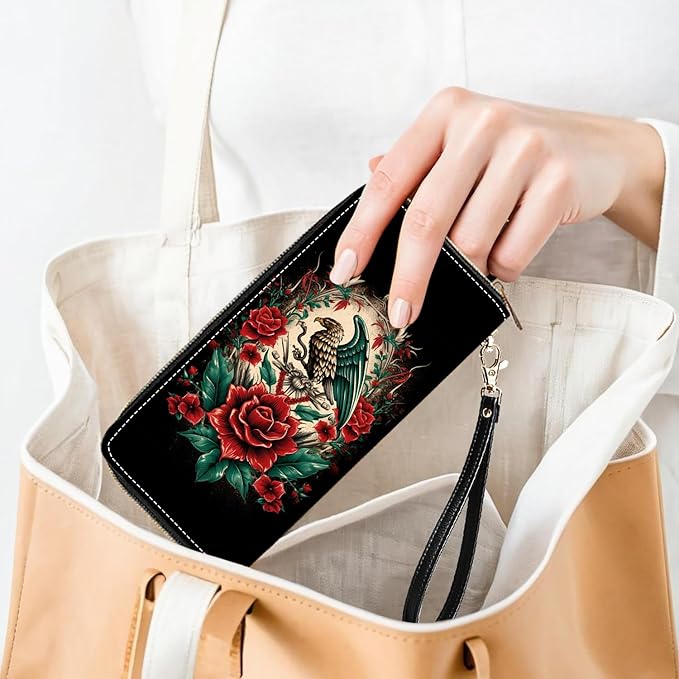 Mexican Flag Mayan Aztec Totem Print Women Large Capacity PU Leather Zip Around Wallet, Multifunctional Clutch Purse for Cash/Card/Coin/Smart Phone
