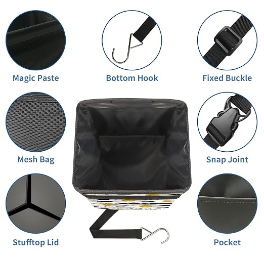 White Black Striped Daisy Car Trash Can with Lid Collapsible Reusable Waterproof Car Garage Bag,Automotive Garbage Can,Car Accessories Interior Car Organizer