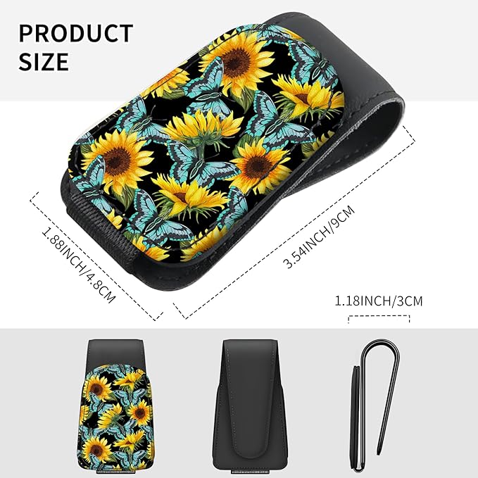 Sunglasses Holder for Car Visor, PU Leather Glasses Clip Organizer, Cute Magnetic Eyeglass Holder for Vehicle Sun Visor, Car Interior Accessory for Women & Men Sunflower Butterfly Field