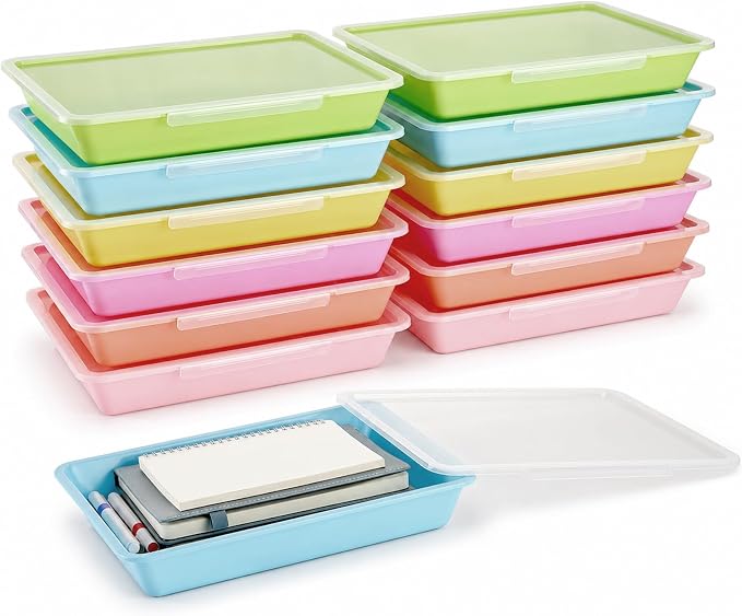 12 Pack Flat Storage Paper Tray with Clear Latching Lid Letter Size Organizer Bin Tray Plastic Latching File Organizer for Classroom Library School Office Teacher Desktop Book Organization (Pastel)