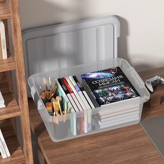 14 Quart Plastic Clear Storage Bin, Stackable Latching Box with Grey Lid, 2 Packs