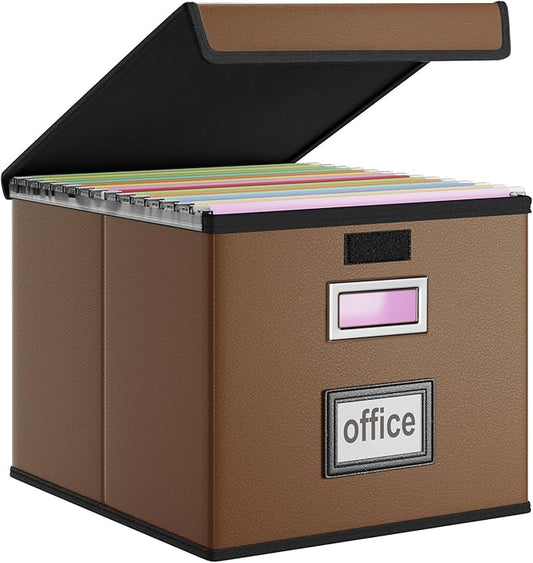 Faux Leather File Organizer Box with Lid, Collapsible Hanging File Folder Box Organizer with Plastic Slides, Decorative Home/Office Filing System Boxes for File and Folder Storage-Brown