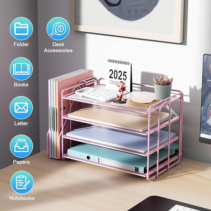 gianotter 4-Tier Paper Organizer With Magazine Holder, Desk Organizers and Accessories, Desk Accessories & Workspace Organizers, File Organizer for Office Supplies Storag (Pink, 4-Tier)