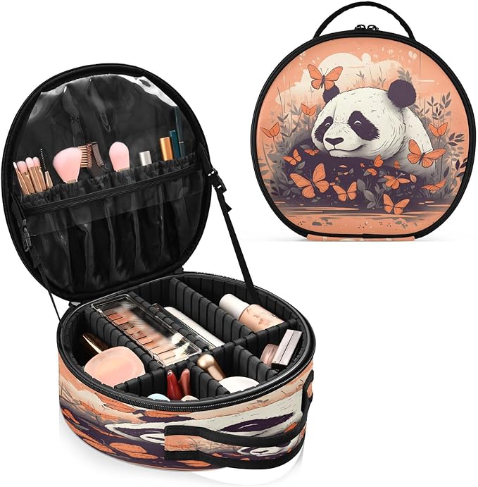 senya Round Cosmetic Pouch Travel Makeup Train Case Panda Orange Makeup Organizer Bag with Adjustable Dividers Portable for Cosmetics Makeup Brushes Toiletry Jewelry Accessories
