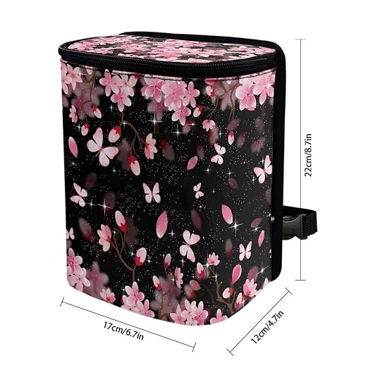 Biyejit Car Trash Can with Lid Collapsible Reusable Waterproof Car Garage Bag, Automotive Garbage Can, Car Accessories Interior Car Organizer with Adjustable Straps, Cherry Blossom Butterfly